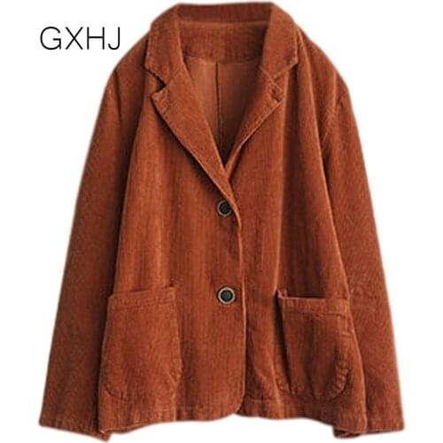 Women Corduroy suit collar solid color short jacket female autumn long-sleeved pocket literary retro Lady casual jacket top LHJ2