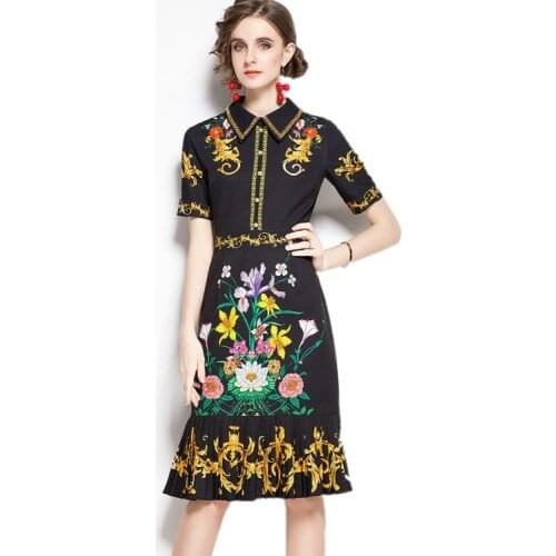 Runway Design Ruffled Fishtail Dress 2021 Retro Women Floral Print Lapel Short Sleeve Slim Waist Fashion Party Dress Vestidos
