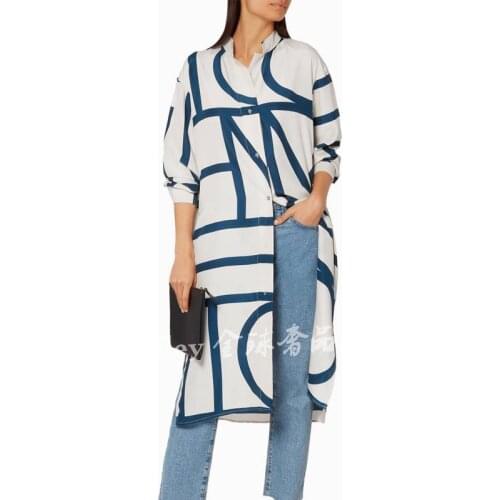 TTM spring/fall season pure silk logo printing long sleeve casual oversize blouse shirt dress