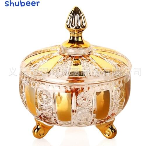 Electroplated Gold European Transparent Glass Sugar Bowl Candy Box Storage Jar Candy Dish Wedding with Lid