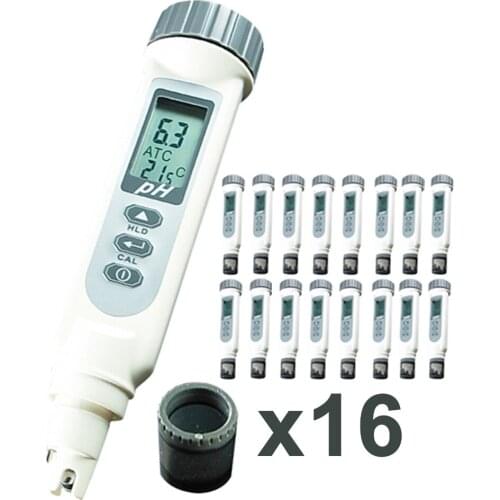 16 x pieces Digital pH Meter Temperature C/F+ Free 3 pH Powder pH4.01, pH7.00, & pH10.01 Waterproof Water Quality Tester ATC