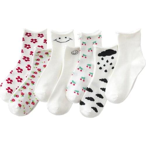 5 Pairs Autumn and Winter New Cotton Womens Tube Socks Curled Smiley Face Series Womens Socks Casual Cute Style