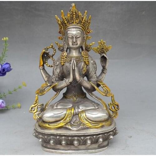 8" Tibet Buddhism Silver Gilt 4 arms Chenrezig Buddha Avalokiteshvara Statue R0710