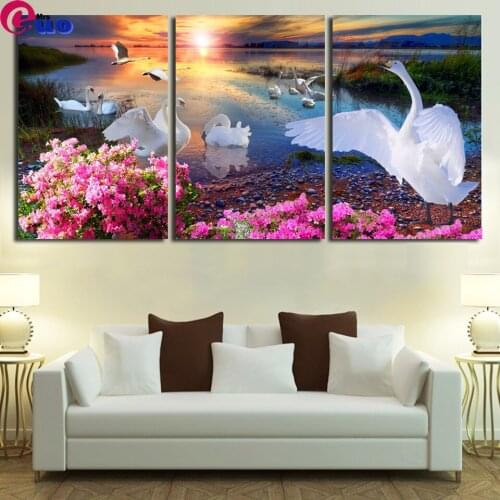 3 Piece beautiful lake White Swan landscape 5d diy diamond Painting Home Decor triptych Full Diamond Embroidery Room Picture