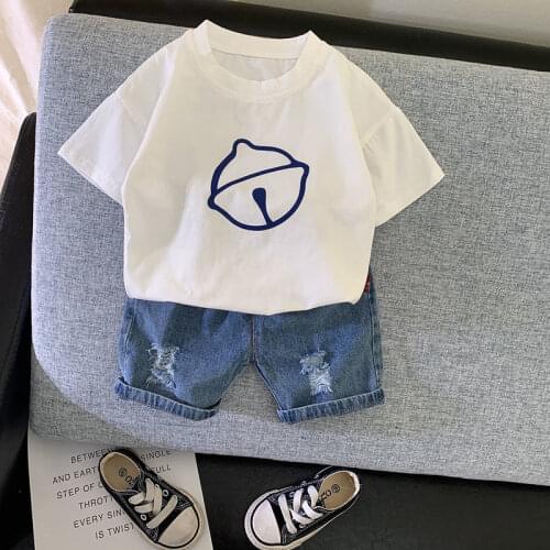 Toddler Children Cotton T-shirt Summer Clothes Sets For Baby Boys Handsome Kids Cartoon Pattern Denim Shorts Pants Suits Outfit