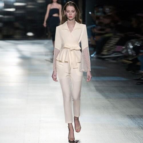 Elegant Pants Suit Women 2 Two Piece Set Office Ladies Work Wear Business Formal Clothes Blazer With Belt Lace Outfits Pantsuit