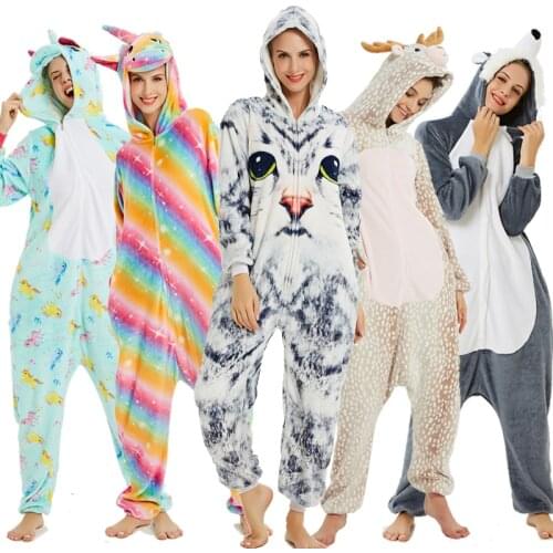 Flannel Kigurumi Unicorn Onesies For Adults Cat Panda Women Cat Pajamas Overalls Animal Anime Cosplay Costumes Jumpsuits