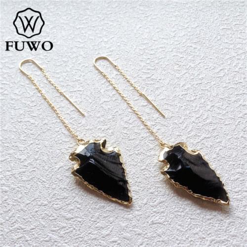 FUWO Black Tourmaline Arrowhead Earrings With Gold Brass Plated Minimalist Design Natural Crystay Jewelry For Women ER019