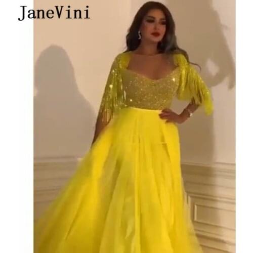 JaneVini 2020 Luxury Beading Tassel Dubai Yellow Long Prom Dresses A Line Half Sleeve Sparkly Sequins Tulle Gala Dress Plus Size
