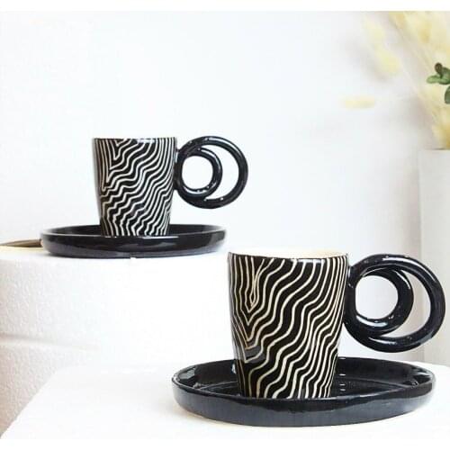 Handmade Design Wonders Figured Ceramic Set of 2 Espresso Cups Turkish Coffee Cup and Saucer Tea Mug Water Glass Cappuccino