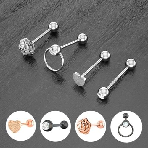 1-4pcs Tongue Ring Flower Stud Barbell Piercing Bar Stainless Steel Rose Gold Cartilage Earring Helix for Women Body Jewelry 14G