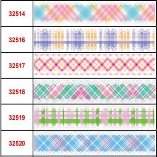 Free Shipping 16mm-75mm Plaid & Lace Pattern Printed Grosgrain Ribbon /Elastic Band For DIY Hair Tie Gift Wrapping 50 Yards