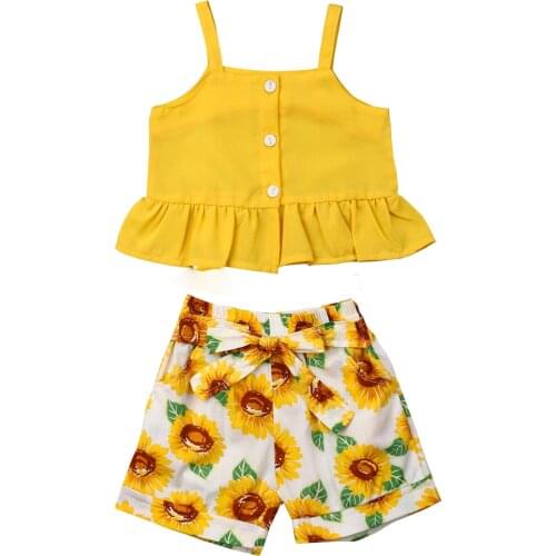 Citgeett Summer 2PCS Toddler Baby Girl Clothes Sunflower Vest Yellow Tops+Shorts Pants Outfits Strap Set