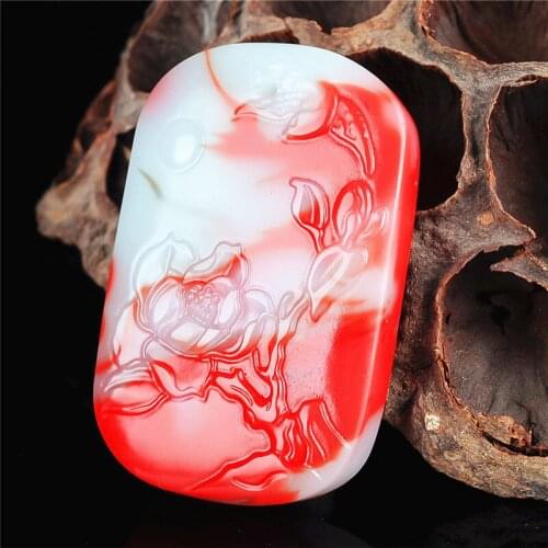 Natural Red White Jade Lotus Pendant Necklace Chinese Hand-Carved Charm Jewelry Fashion Accessories Amulet for Men Women Gifts