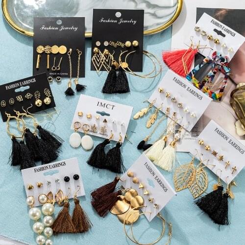 New Fashion Pearl Tassel Earrings Sets For Women Gold Metal Vintage Geometric Hanging Earrings 2021 Trend Female Modern Jewelry