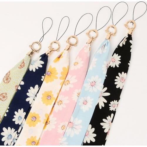 New Flower Neck Strap Lanyard for Phones Silk Scarf Ribbon Hanging Long Wide Anti-fall Lanyard ID Badge Holder with ring charms