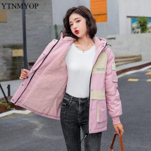 YTNMYOP Winter Warm Parka Fur Lining Snow Wear Jackets Women Spliced Hooded Coats Slim Fashion Big Pockets Clothing Office Lady