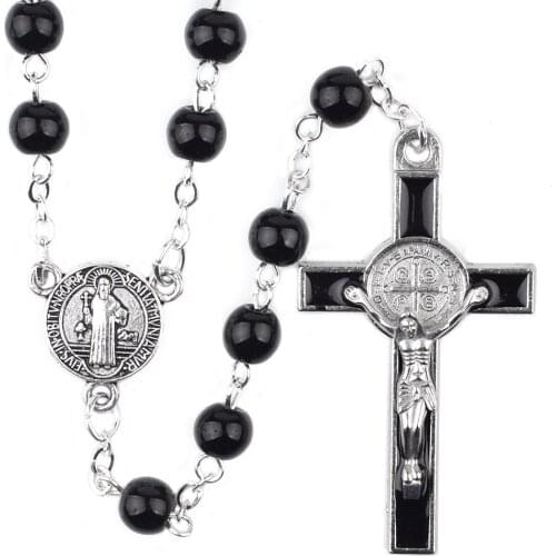 St Benedict Rosaries 6mm Black Glass Beads Religious Cross Necklace Catholic Jesus Rosary