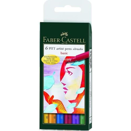 Faber-Castell PITT Artist Brush Pens, Basic, 6-Pack, Pigment Ink Are Extremely Lightfast Permanent and Odorless