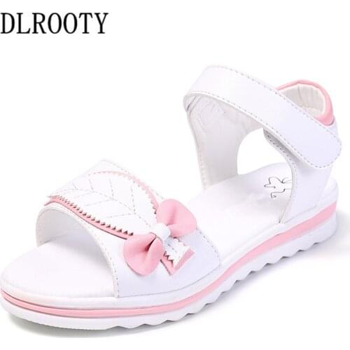 Summer Children Sandals Shoes Girls Bowtie Leaf Princess Kids Party Fashion Beach Hook & Loop Flat Toddler Baby Soft Sole