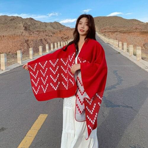 Outdoor Sunscreen Scarf Red National Style Knitwear Travel Cape Shawl Female Autumn and Winter women pashmina