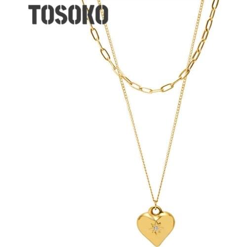 TOSOKO Stainless Steel Jewelry Double Necklaces Heart Pendant Womens Sweet Clavicle Chain BSP661