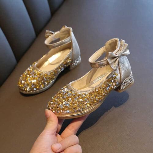 Children High Heel Girls Shoes Princess Kids Leather Shoes New Girls Bow Casual Glitter Butterfly Knot Gold Pink Silver B664