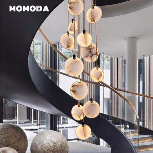 Vintage LED Copper Chandeliers Lights Fixture Luxury Marble Racket Pendant Hanging Lamps Bedroom Living Room Staircase Light