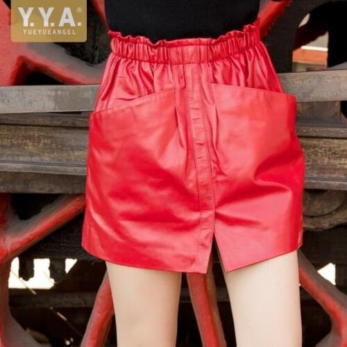 High Quality Women Autumn Elastic Waist Pockets A Line Short Mini Skirt Ladies Casual Streetwear Slim Fit Genuine Leather Skirts