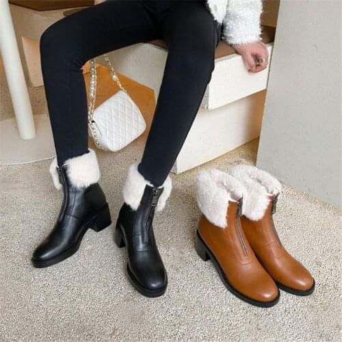 PXELENA 2021 Winter Luxury Wool Fur Snow Boots Women Genuine Leather Front Zipper Chunky Block High Heels Warm Thick Plush Shoes