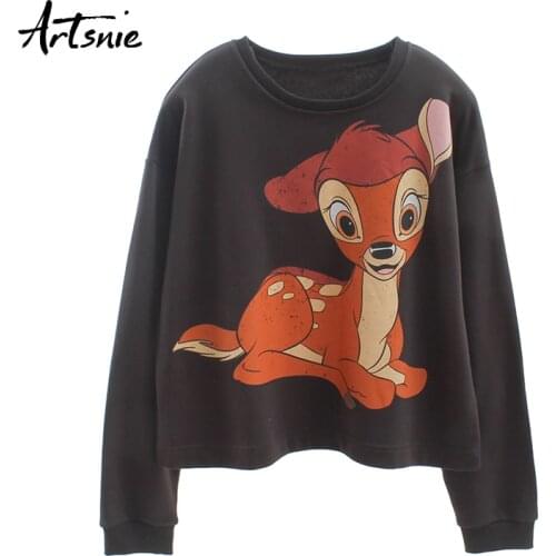 Artsnie streetwear casual cartoon women sweatshirt o neck long sleeve oversized hoodies winter 2019 gray sweatshirts female