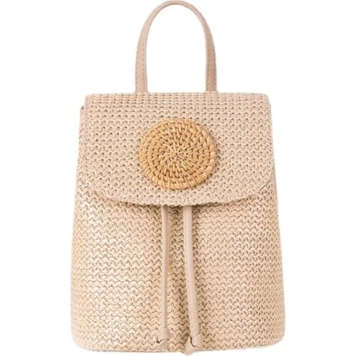 Summer Straw Bag Women Girl Ins Woven PU Leather Backpack Rattan Bag Mini Beach Shoulder Crossbody Bucket Bag Travel Leisure Bag