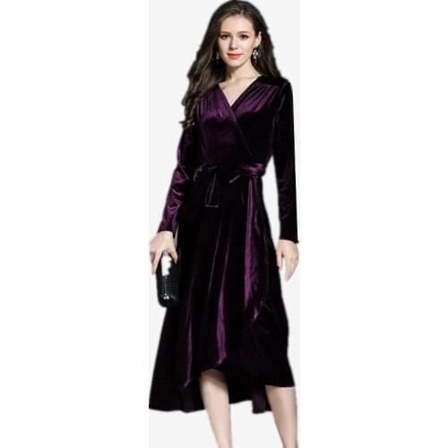 Spring fashion elegant velour dress plus size M-8XL Autumn long sleeve deep V-neck sexy party dress Ukraine maxi velvet dress