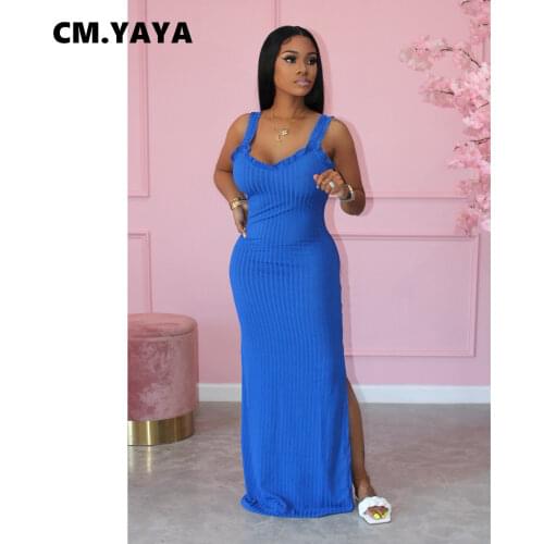 CM.YAYA Women Long Dress Solid Sleeveless Sheath Elastic Splited Floor Length Dresses Ladies Summer High Street Fashion Dress