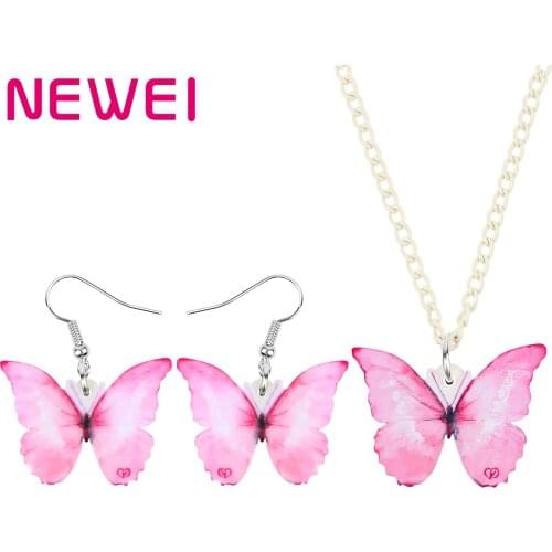 NEWEI Acrylic Morpho Butterfly Insect Jewelry Sets Earrings Necklace Printing Long Animal Jewelry Women Kids Girls Charm Gift