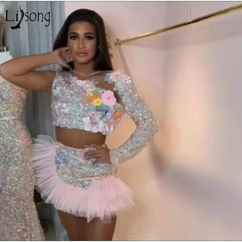 Shiny Sparkle Pink Sequined Beaded 2 Pieces Cocktail Dresses 2020 Sexy 3D Flower Mini Formal Party Dress Ruffles