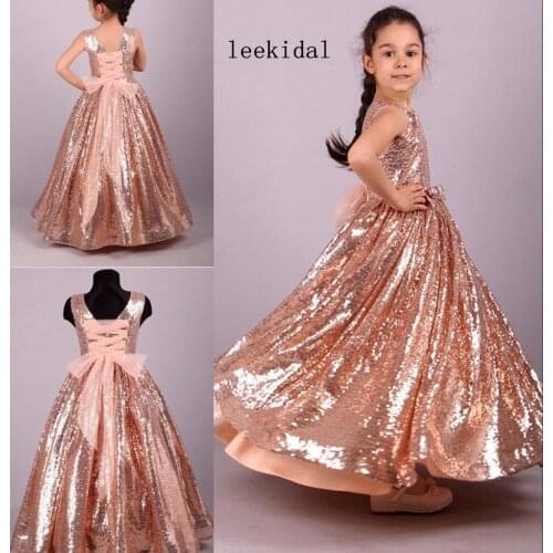 Sparkly Rose Gold Sequin Flower Girls Dresses For Wedding Lace up Aline Bows Princess For Kids Little Girl First Communion