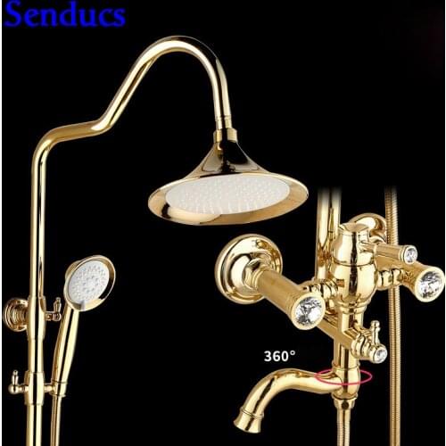 Senducs Luxury Gold Shower System 8 Inch Rainfall Top Shower Series Hot Sale Brass Bathroom Faucet Gold Shower Set