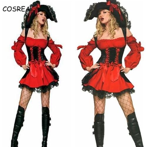 Caribbean Pirate Costume Woman Dress Girls Female Hat Necklace Party Cosplay Costume Children Kids Clothes Halloween Dress