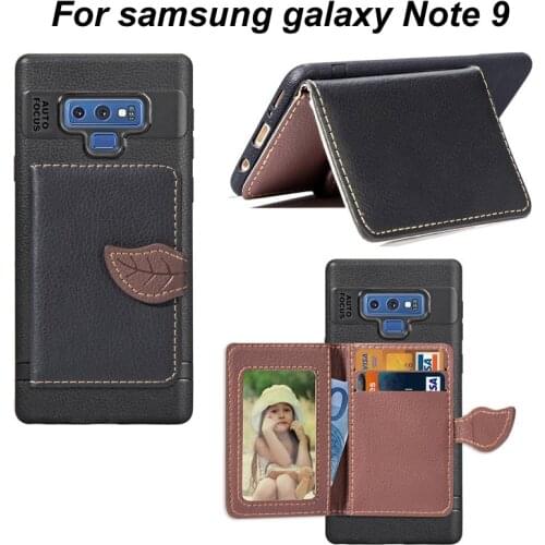 For Samsung galaxy note 9 leather pattern tpu soft back case capa,note9 phone stand cover funda leaf clip wallet mount case