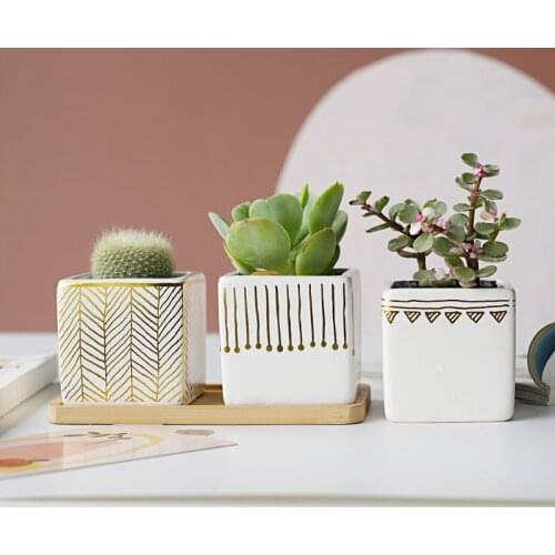 Square Ceramic Flowerpot With Gold Pattern Flower Pot Art Vase Planter Desktop Ornaments Home Decor Garden Succulent Pot