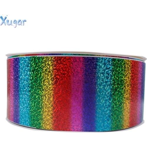 Xugar 2Yard/roll 3"(75mm) Laser Grosgrain Ribbon Colorful Rainbow Tape DIY Hairbows Accessories Wedding Cake Decor Gift Warpping