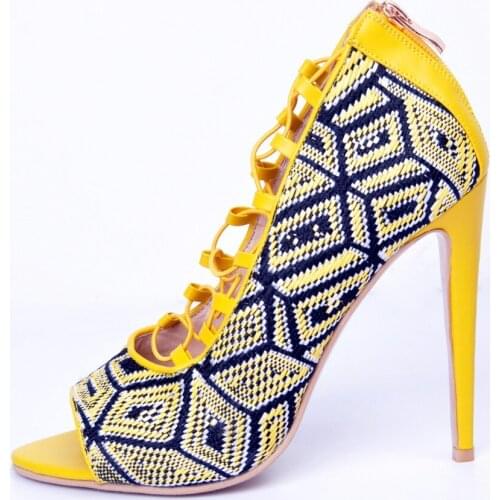 Summer Women Sexy Braided Folk Geometric Grid Lace up Sandals Ankle Boots Peep toe Stiletto High Heels Dress Bottines Shoes