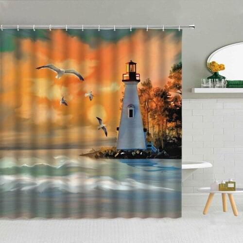 Oil Painting Lighthouse Landscape Shower Curtain Sunset Ocean Seagull Plants Flowers Bathroom Supplies Cloth Decor Curtains Set