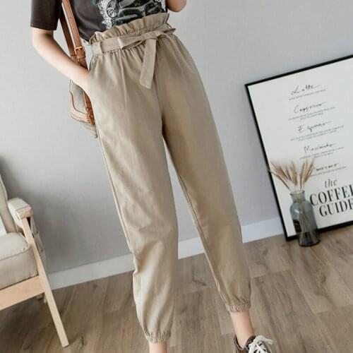 2021 New Cargo Pants Women Fashion Pockets Ruffled Trousers Lace Up Bow High Waist Streetwear Ankle-length Pants with Belt