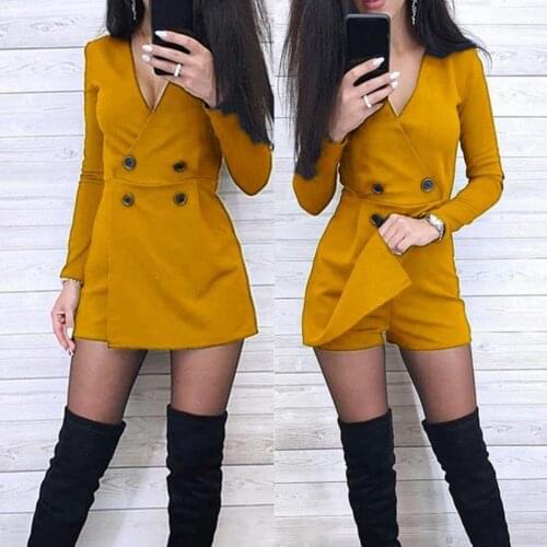 Solid V-neck Long Sleeve Womens Playsuit Front Split Double-breasted Wide Leg Short Jumpsuit Women Summer Skinny Casual Romper