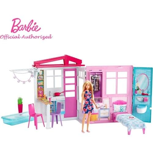 Original Barbie Holiday House With Furniture and Doll Playset Friendship Pretend Toy Funny Accessories Gift Box For Children