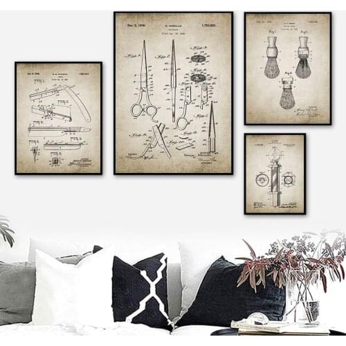 Barbershop Tools Razor Scissors Blueprint Wall Art Canvas Painting Nordic Posters And Prints Wall Pictures For Living Room Decor