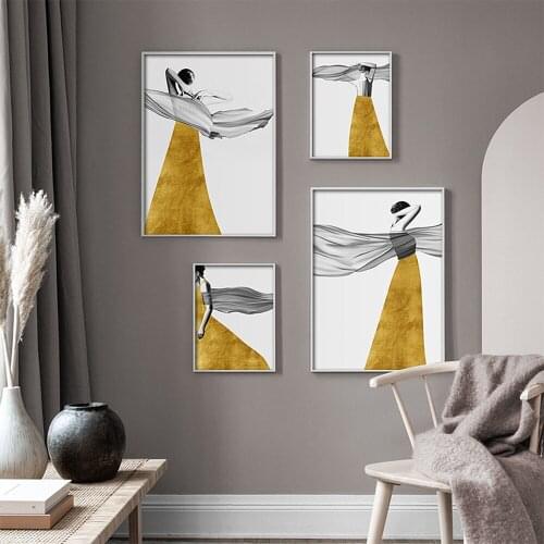 Modern Female Wall Art Poster Abstract Golden Woman Print with Silk Scarf Canvas Painting Bedroom Living Room Home Decoration