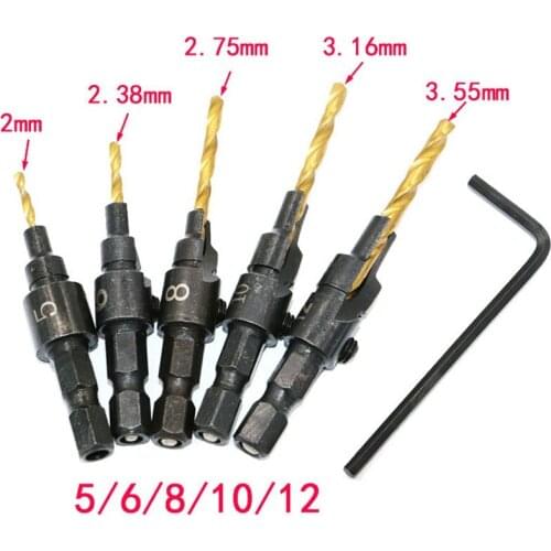 5pcs HSS 1/4 Hex Shank Countersunk Drill Bits Tapper Tool woodworking Wood Pilot Hole Size #5 #6 #8 #10 #12 with One Wrench